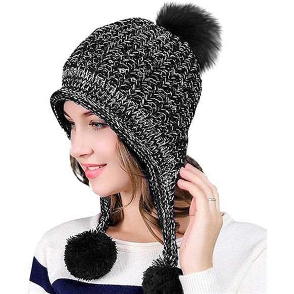 DOCILA Winter Beanie Hat for Women Warm Fleece Lined Ear Flaps Knit Hat Cute Pom
